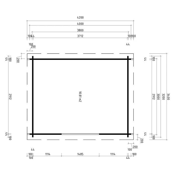 Fjordholz Gartenhaus Max 44 G Dreieckglas-Tür - Außenmaß inkl. Dachüberstand (B x T): 380 x 300 cm, Holz, Farblose Imprägnierung - Grundriss einer rechteckigen Struktur mit detaillierten Maßen und einer Fläche von 10,81 m².