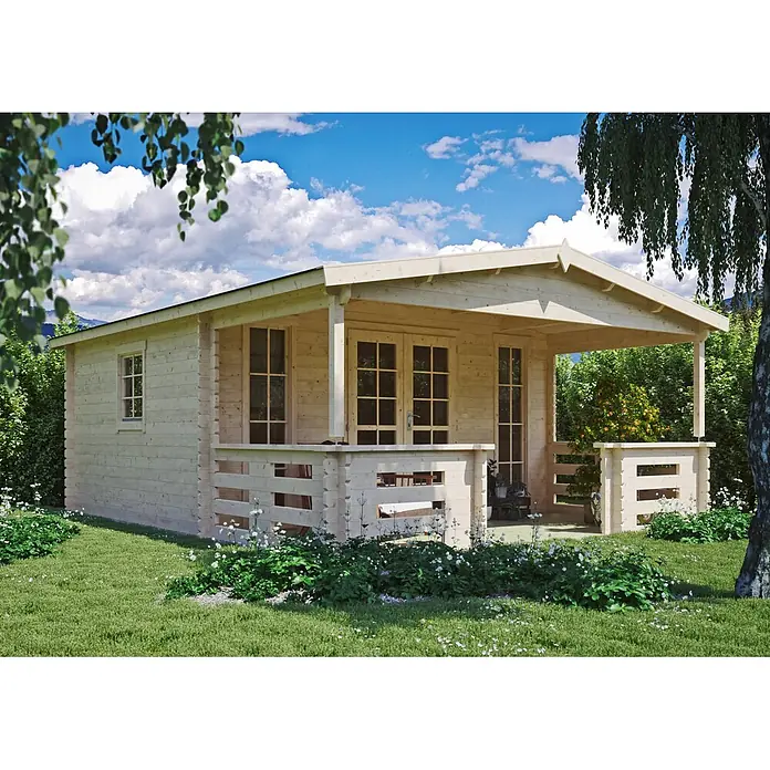 Fjordholz Gartenhaus Franjo 44 C - Außenmaß inkl. Dachüberstand (B x T): 450 x 580 cm, Holz, ohne Imprägnierung - Helles Holzgartenhaus mit integrierter Veranda, Fenstern und Doppeltür.