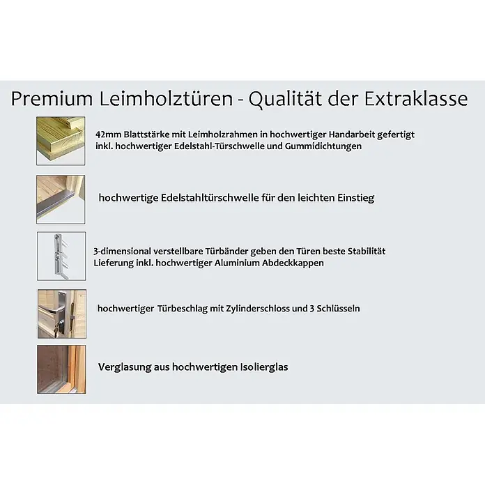 Fjordholz Gartenhaus Franjo 44 C - Außenmaß inkl. Dachüberstand (B x T): 450 x 580 cm, Holz, Naturbelassen - Details einer Premium Leimholztür: 42mm Türblatt, Edelstahlschwelle, 3D-Bänder, Türbeschlag mit Zylinderschloss und Isolierglas.