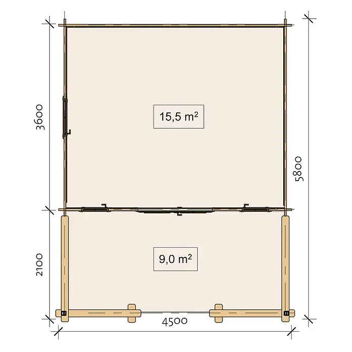 Fjordholz Gartenhaus Franjo 44 C - Außenmaß inkl. Dachüberstand (B x T): 450 x 580 cm, Holz, ohne Imprägnierung - Grundriss einer Blockhütte mit zwei Bereichen: 15,5 m² und 9,0 m², inklusive Gesamtabmessungen.