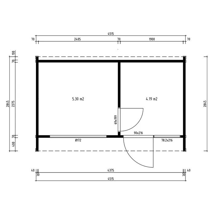Fjordholz Gartenhaus Office Box Größe L schwarz - Außenmaß inkl. Dachüberstand (B x T): 451,5 x 284,5 cm, Holz, Schwarz - Technischer Grundriss einer zweiräumigen Hütte, zeigt Innen- und Außenmaße, Türöffnungen und Raumflächen in m².