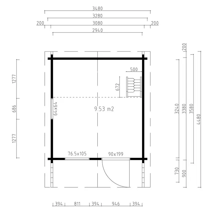 Fjordholz Gartenhaus Sönke 44 A Farbbehandlung Lichtgrau - Außenmaß inkl. Dachüberstand (B x T): 328 x 428 cm, Holz, Naturbelassen - Technischer Plan eines kleinen Hütten-Grundrisses mit Maßen, Fläche (9,53 m²), Tür und Fenster.
