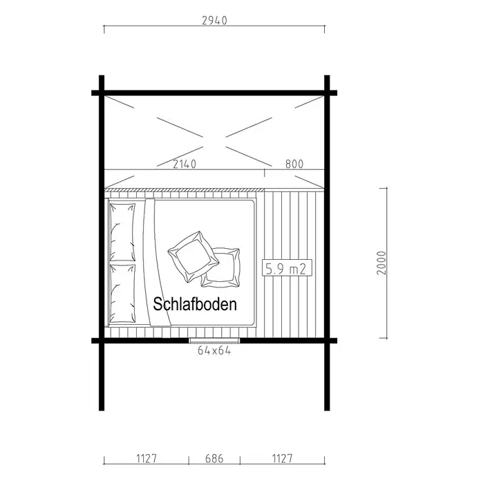Fjordholz Gartenhaus Sönke 44 A Farbbehandlung Lichtgrau - Außenmaß inkl. Dachüberstand (B x T): 328 x 428 cm, Holz, Naturbelassen - Grundrissplan eines Schlafbodens mit Bettanordnung, Maßen und einer Fläche von 5,9 m².