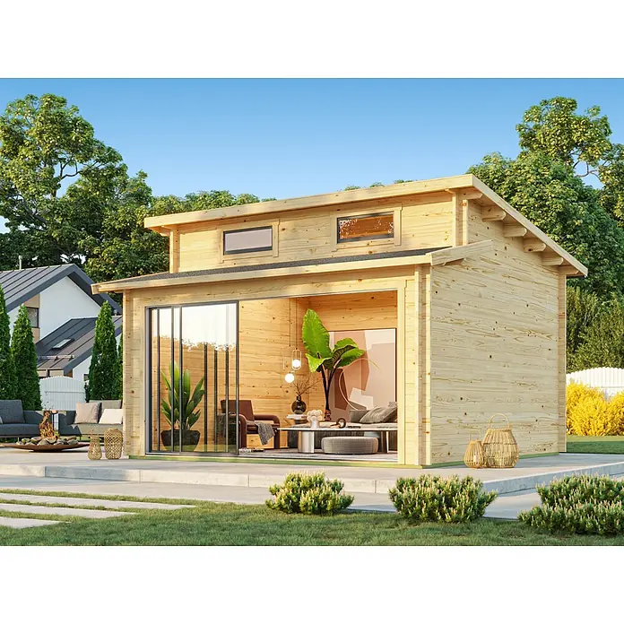 Fjordholz Gartenhaus - Außenmaß inkl. Dachüberstand (B x T): 480 x 480 cm, Holz, Naturbelassen - Helles Gartenbüro aus Holz mit großen Glasschiebetüren in einem grünen Garten.