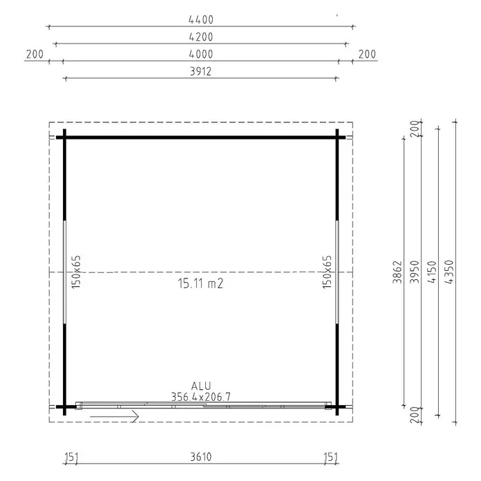 Fjordholz Gartenhaus - Außenmaß inkl. Dachüberstand (B x T): 420 x 415 cm, Holz, Grau Imprägnierung - Grundriss eines Holzgartenhauses mit Maßen, mit einer Aluminium-Schiebetür und 15,11 m² Fläche.