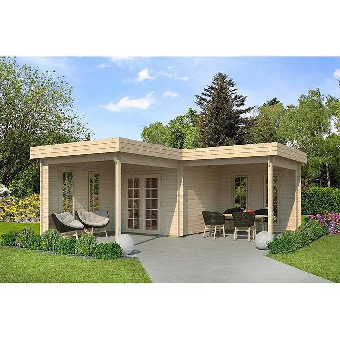 Fjordholz Gartenhaus Fred 44 Farbbehandlung Carbongrau - Außenmaß inkl. Dachüberstand (B x T): 573,2 x 573,2 cm, Holz, Naturbelassen - L-förmiges Holzgartenhaus mit integrierten überdachten Terrassen, möbliert für den Außenbereich.