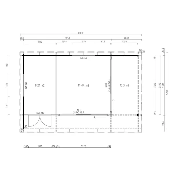 Fjordholz Gartenhaus - Außenmaß inkl. Dachüberstand (B x T): 785 x 508 cm, Holz, Naturbelassen - Detaillierter Grundriss eines Mehrraum-Blockhauses oder Gartenhauses mit Maßen, Raumflächen sowie Tür- und Fensterpositionen.