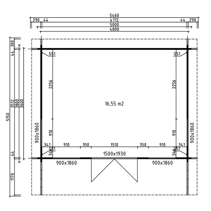 Fjordholz Gartenhaus Greta 44 B - Außenmaß inkl. Dachüberstand (B x T): 500 x 380 cm, Holz, Farbbehandlung Carbongrau - Grundriss eines Holzgartenhauses mit Abmessungen, Tür- und Fensterpositionen und einer Gesamtfläche von 16,55 m².