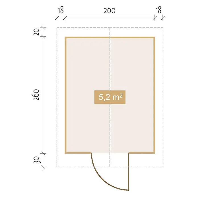 Fjordholz Gartenhaus Tiffin 28 B - Außenmaß inkl. Dachüberstand (B x T): 220 x 280 cm, Holz, Naturbelassen - Grundriss eines rechteckigen Schuppens oder Raumes mit Außenmaßen, einer Tür und einer Innenfläche von 5,2 m².