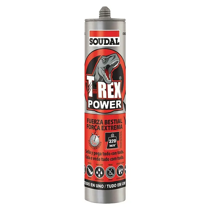 Adhesivo para montaje universal T-Rex Power - Blanco, 290 ml - Imagen del producto de un cartucho de adhesivo Soudal T-Rex Power, conocido por su enorme fuerza adhesiva.