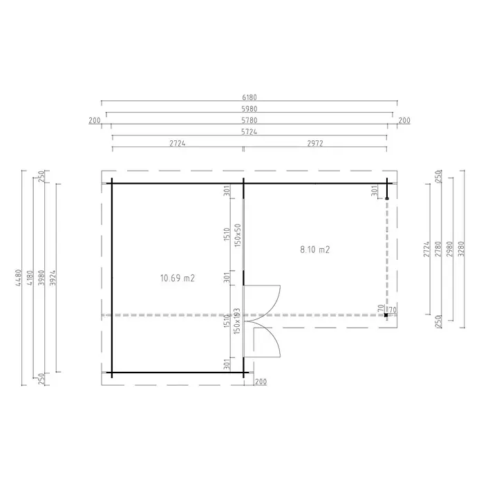 Fjordholz Gartenhaus Lola 28 Grau Imprägnierung - Außenmaß inkl. Dachüberstand (B x T): 418 x 598 cm, Holz, Naturbelassen - Grundriss eines zweiräumigen Gebäudes mit Maßen und Flächenangaben (10.69 m2, 8.10 m2).