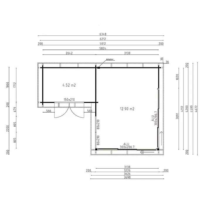 Fjordholz Gartenhaus - Außenmaß inkl. Dachüberstand (B x T): 621,2 x 440 cm, Holz, Grau Imprägnierung - Grundriss eines zweiräumigen Gartenhauses aus Holz mit Maßen, Türen und Flächen von 4,52 m2 und 12,90 m2.