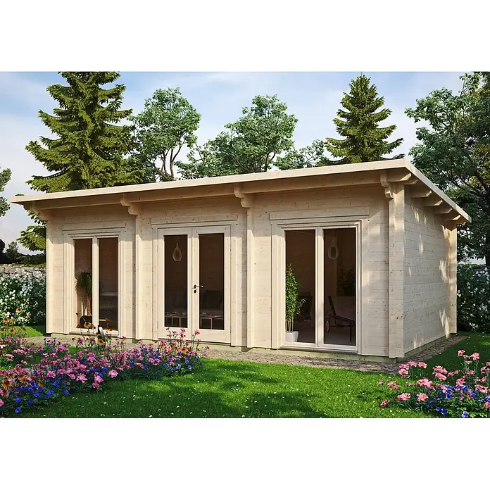 Fjordholz Gartenhaus Jacob 70 H - Außenmaß inkl. Dachüberstand (B x T): 695 x 400 cm, Holz, ohne Imprägnierung - Helle Gartenhütte aus Holz mit mehreren Glastüren, eingebettet in einen lebhaften Blumengarten.