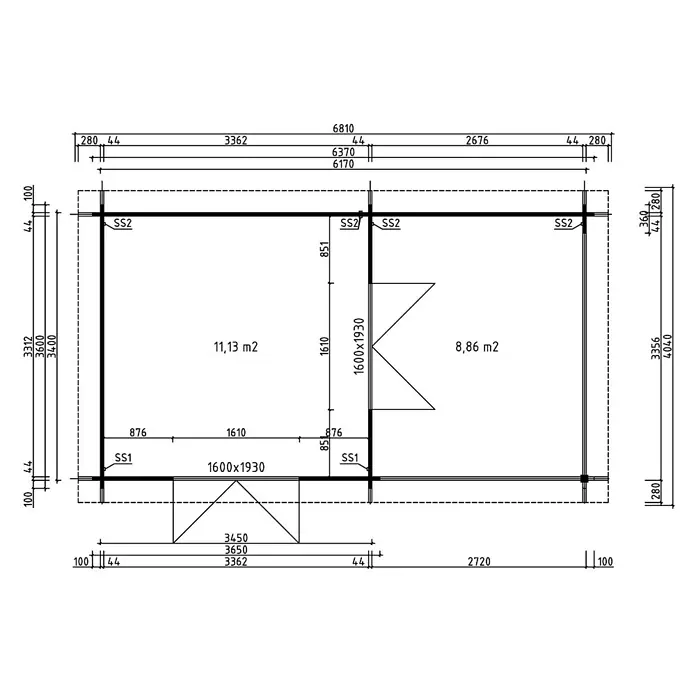 Fjordholz Gartenhaus Ranja 44 Farbbehandlung Lichtgrau - Außenmaß inkl. Dachüberstand (B x T): 637 x 360 cm, Holz, Naturbelassen - Grundriss einer Zweizimmerhütte mit Flächenangaben, Gesamtabmessungen sowie Tür- und Fensterpositionen.