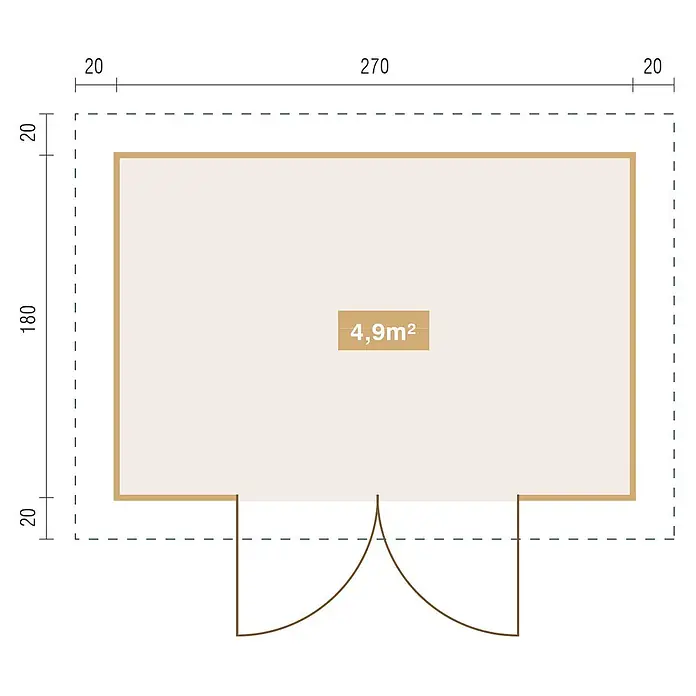 Fjordholz Gartenhaus Annika 28 A - Außenmaß inkl. Dachüberstand (B x T): 290 x 200 cm, Holz, Naturbelassen - Rechteckiger Grundriss mit Türöffnung, zeigt Innenmaße von 180x270 cm und eine Nutzfläche von 4,9 m².