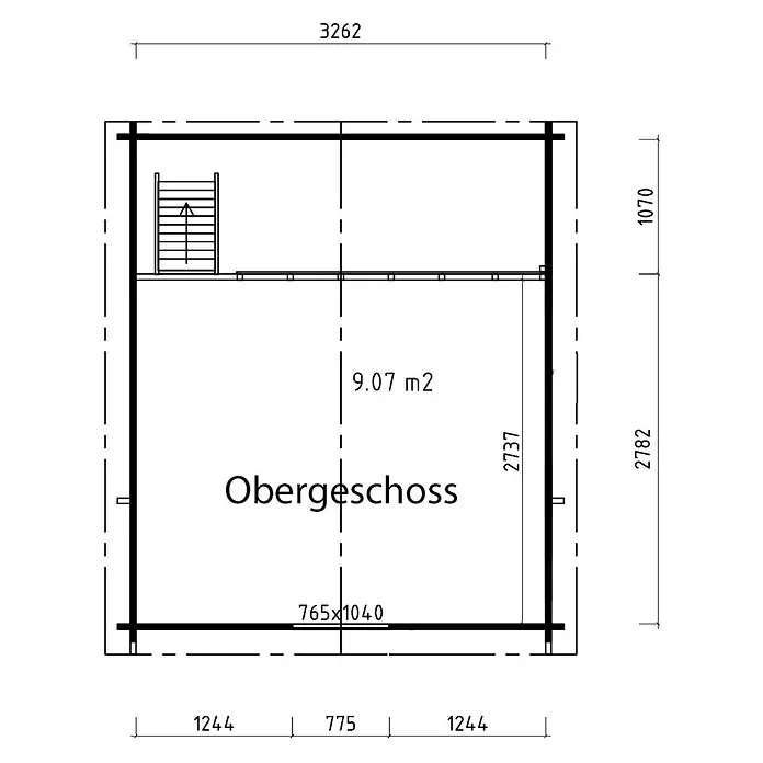 Fjordholz Gartenhaus Pixie 44 - Außenmaß inkl. Dachüberstand (B x T): 355 x 414 cm, Holz, Naturbelassen - Grundriss Obergeschoss mit Maßen 3262x2782 mm, Fläche 9,07 m² und Treppe.