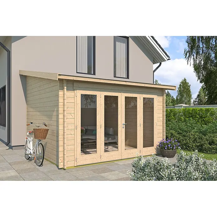 Fjordholz Gartenhaus Anbau Lounge 44 B - Außenmaß inkl. Dachüberstand (B x T): 380 x 380 cm, Holz, Naturbelassen - Helles Gartenhaus aus Holz mit großen Glas-Falttüren, an einem Wohnhaus angebaut.