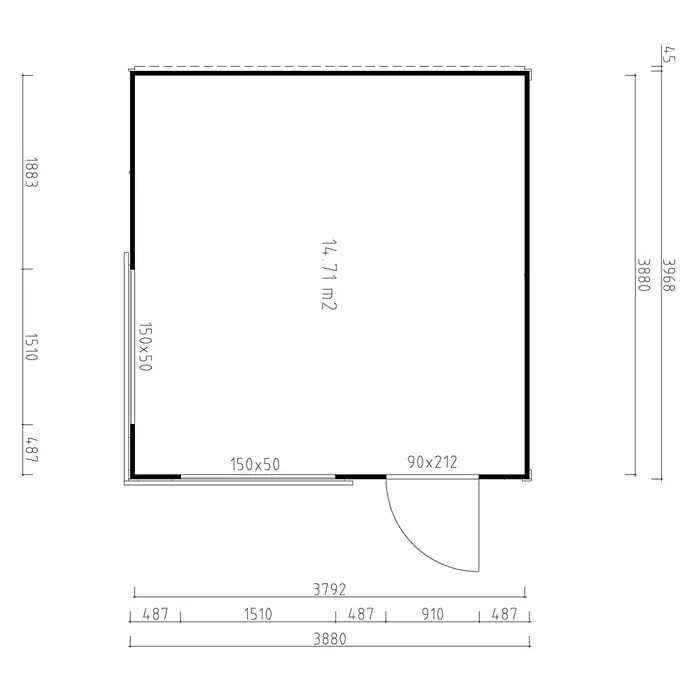 Fjordholz Gartenhaus Q-BIC Modern 44 D - Außenmaß inkl. Dachüberstand (B x T): 388 x 396,8 cm, Holz, ohne Imprägnierung - Grundrissplan eines rechteckigen Gebäudes mit Maßen, Tür, Fenster und einer Fläche von 14,71 m2.