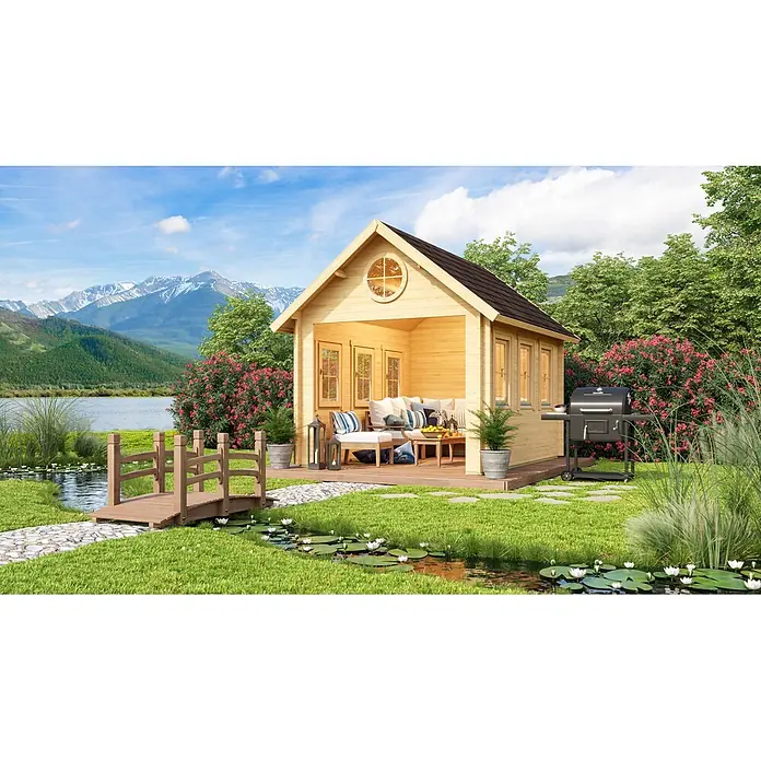 Fjordholz Gartenhaus Glarus 70 Grau Imprägnierung - Außenmaß inkl. Dachüberstand (B x T): 320 x 415 cm, Holz, Naturbelassen - Gartenhaus aus hellem Holz mit Veranda und Grill, an einem See und Bergen gelegen für Outdoor-Wohnen.