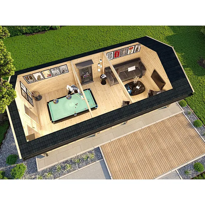 Fjordholz Gartenhaus Helena 70 A - Außenmaß inkl. Dachüberstand (B x T): 820 x 418 cm, Holz, Naturbelassen - Gartenhaus aus Holz mit schwarzem Schindeldach, geöffnet um den Innenraum mit Billardtisch und Lounge-Bereich in einem grünen Garten zu zeigen.