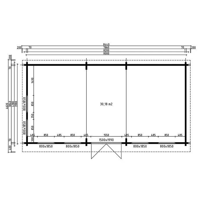 Fjordholz Gartenhaus Helena 70 A - Außenmaß inkl. Dachüberstand (B x T): 820 x 418 cm, Holz, Naturbelassen - Grundriss einer 30,18 m² großen rechteckigen Hütte mit mehreren Fenstern und einer Doppeltür. Gesamtmaße 8,44m x 4,62m.