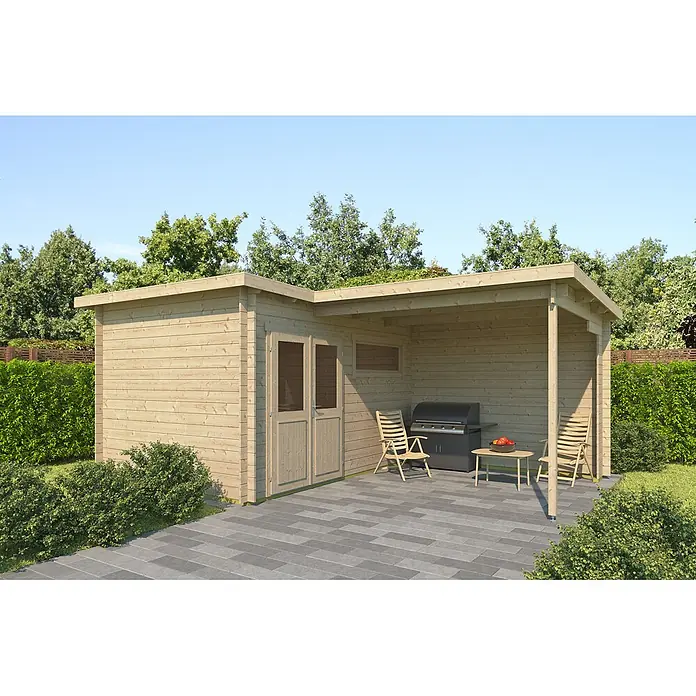 Fjordholz Gartenhaus Lola 28 Farbbehandlung Lichtgrau - Außenmaß inkl. Dachüberstand (B x T): 418 x 598 cm, Holz, Naturbelassen - Gartenhaus aus Holz mit integrierter überdachter Terrasse, Grillbereich, Tisch und Stühlen. Helle Holzkonstruktion.