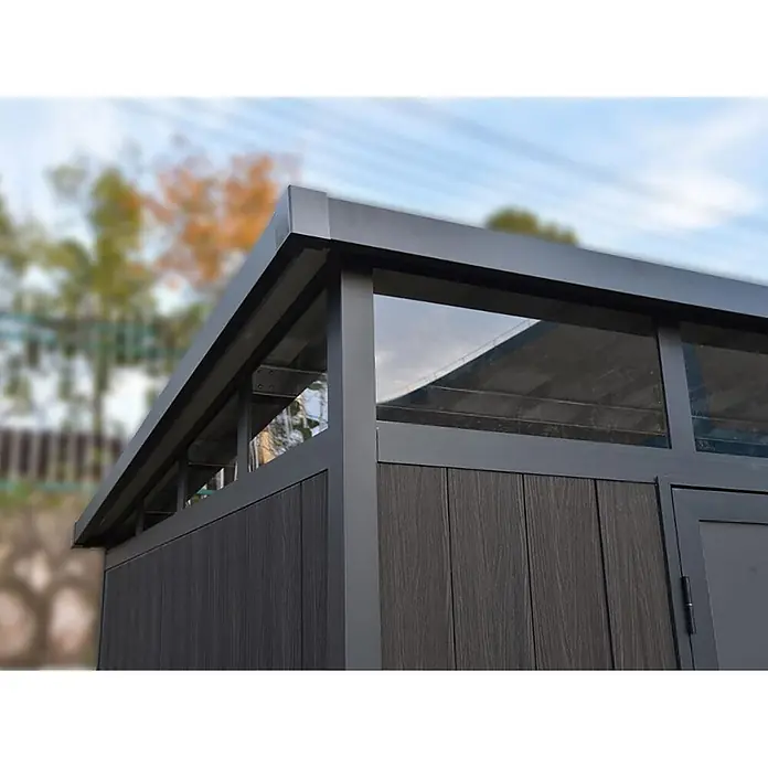 Fjordholz Gartenhaus Skylight Pent 7,40 m² - Außenmaß inkl. Dachüberstand (B x T): 348,4 x 212,4 cm, Aluminium, Schwarz / Grau - Moderner, dunkelgrauer Außenschuppen mit klarem Pultdach und strukturierten Holz-Verbundwänden.
