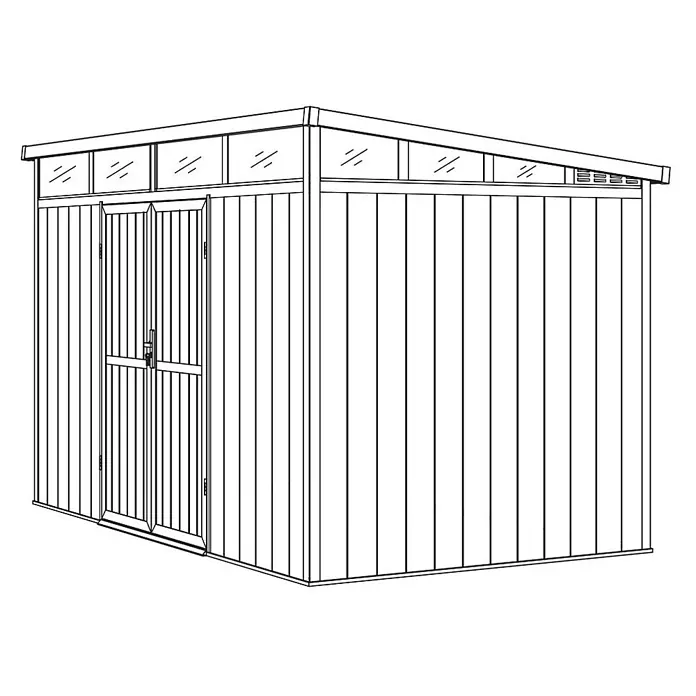 Fjordholz Gartenhaus Skylight Pent 7,40 m² - Außenmaß inkl. Dachüberstand (B x T): 348,4 x 212,4 cm, Aluminium, Schwarz / Grau - Silberner Metall-Gartenschuppen mit Doppeltüren, durchsichtigen Oberlichtern und Pultdach.