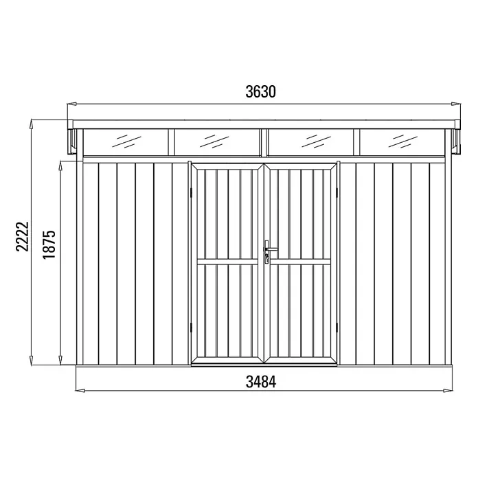 Fjordholz Gartenhaus Skylight Pent 7,40 m² - Außenmaß inkl. Dachüberstand (B x T): 348,4 x 212,4 cm, Aluminium, Schwarz / Grau - Vorderansicht Zeichnung eines Schuppens mit Doppeltüren, Fenstern und Gesamtabmessungen: 3630mm Breite, 2222mm Höhe, 1875mm Traufhöhe.