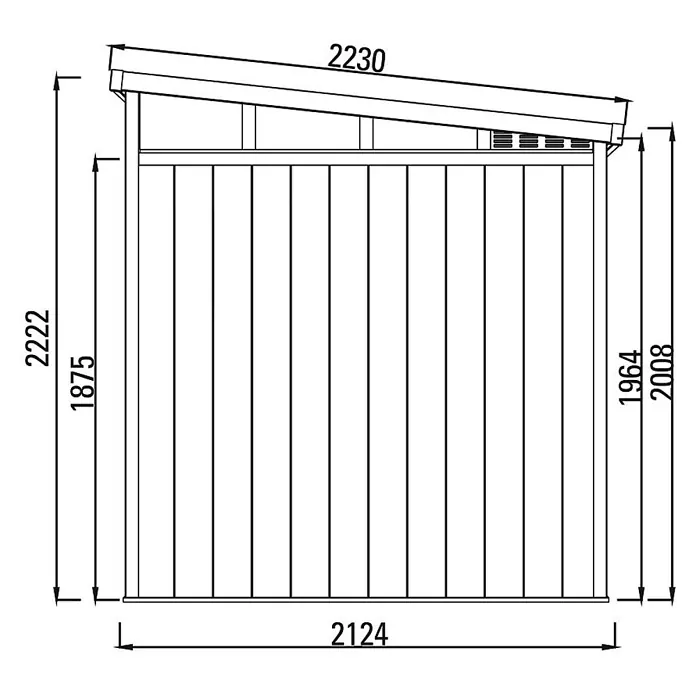 Fjordholz Gartenhaus Skylight Pent 7,40 m² - Außenmaß inkl. Dachüberstand (B x T): 348,4 x 212,4 cm, Aluminium, Schwarz / Grau - Maßzeichnung eines Geräteschuppens mit Pultdach, zeigt Gesamthöhe und -breite.