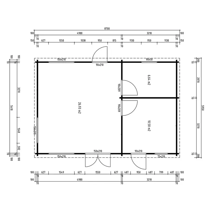 Fjordholz Gartenhaus Henning 70 Grau Imprägnierung - Außenmaß inkl. Dachüberstand (B x T): 860 x 575 cm, Holz, Naturbelassen - Detaillierter Grundriss mit Gesamtmaßen 8700x5950 mm, zeigt drei Räume, Türen und diverse Maße.