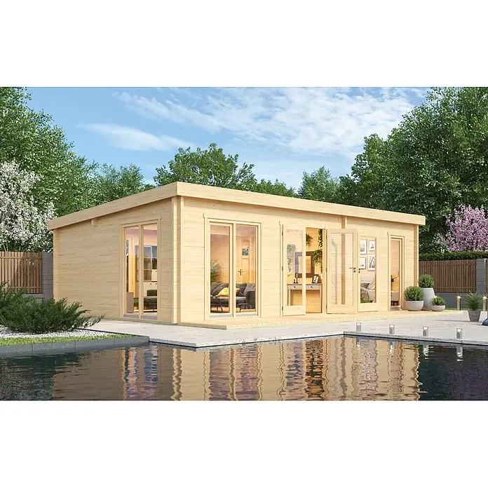 Fjordholz Gartenhaus Henning 70 Grau Imprägnierung - Außenmaß inkl. Dachüberstand (B x T): 860 x 575 cm, Holz, Naturbelassen - Modernes Gartenhaus aus hellem Holz mit Glastüren am Pool, als Außenoase gestaltet.