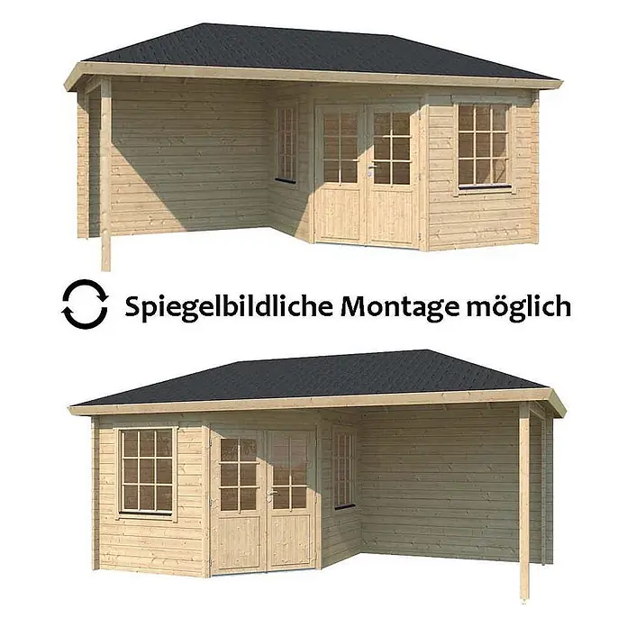 Fjordholz Gartenhaus Lenja 44 Grau Imprägnierung - Außenmaß inkl. Dachüberstand (B x T): 575,6 x 300 cm, Holz, Naturbelassen - Hölzernes Gartenhaus mit dunklem Dach, in Original- und spiegelbildlicher Montageoption gezeigt.