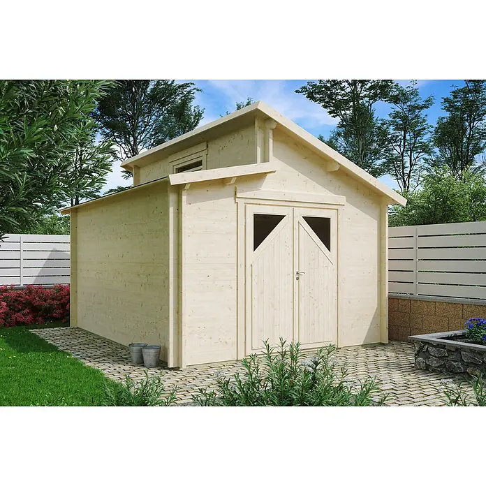 Fjordholz Gartenhaus Varianta 44 E Moderne-Tür (Klarglas) - Außenmaß inkl. Dachüberstand (B x T): 325 x 415 cm, Holz, Kiefer/Pinie Imprägnierung - Gartenschuppen aus hellem Holz mit Doppeltüren und Spitzdach, im Grünen.