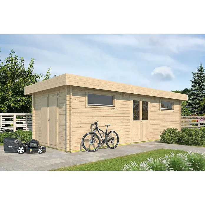 Fjordholz Gartenhaus Vaud 70 Farbbehandlung Lichtgrau - Außenmaß inkl. Dachüberstand (B x T): 820 x 320 cm, Holz, Naturbelassen - Helles Gartenhaus aus Holz mit Flachdach, Rasenmäher und Fahrrad daneben im Garten.