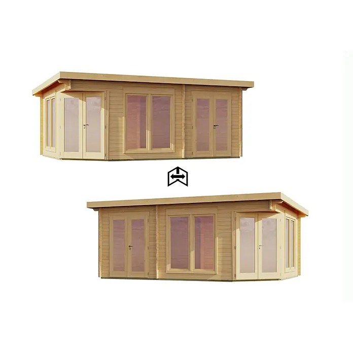 Fjordholz Gartenhaus Julia 40 - Außenmaß inkl. Dachüberstand (B x T): 588 x 400 cm, Holz, Naturbelassen - Wendbares Holzgartenhaus mit Glastüren und Fenstern, variable Fassadenelemente.