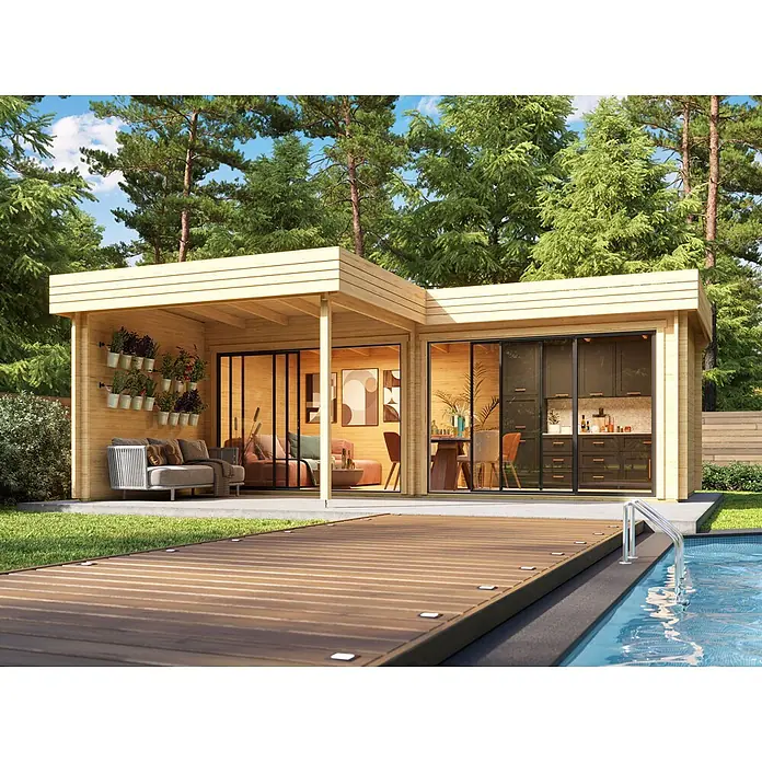 Fjordholz Gartenhaus - Außenmaß inkl. Dachüberstand (B x T): 710 x 598 cm, Holz, Naturbelassen - Moderne modulare Holzkabine mit dunklen Glastüren, neben Pool und Terrasse. Mit Lounge im Freien und Wohn-/Küchenbereichen innen.