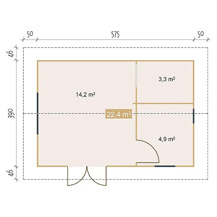 Fjordholz Gartenhaus Carolina 40 - Außenmaß inkl. Dachüberstand (B x T): 575 x 390 cm, Holz, Naturbelassen - Grundriss mit Maßen 575x390, Zimmer 14,2 m², 3,3 m², 4,9 m², gesamt 22,4 m².