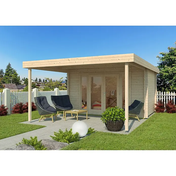 Fjordholz Gartenhaus Hakon 44 - Außenmaß inkl. Dachüberstand (B x T): 400 x 598 cm, Holz, ohne Imprägnierung - Holzhütte mit Pergola und möblierter Terrasse für den Garten.