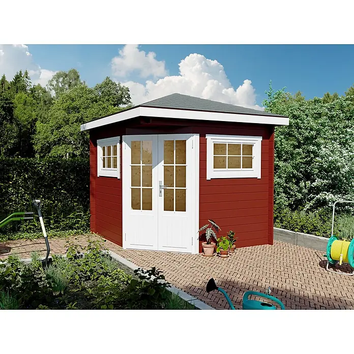 Fjordholz Gartenhaus Evelyn 2A - Außenmaß inkl. Dachüberstand (B x T): 260 x 260 cm, Holz, Naturbelassen - Rotes Gartenhaus aus Holz mit weißen Doppeltüren und Fenstern.