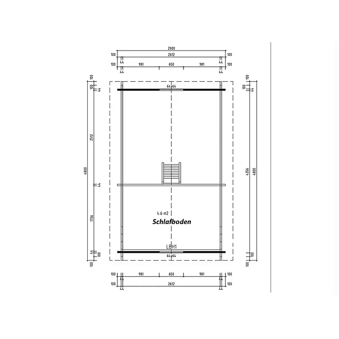 Fjordholz Gartenhaus Ottawa 44 - Außenmaß inkl. Dachüberstand (B x T): 290 x 460 cm, Holz, Naturbelassen - Detaillierte technische Zeichnung eines Schlafbodens mit Maßen und Leiter, zeigt eine Grundfläche von 4,6 m².