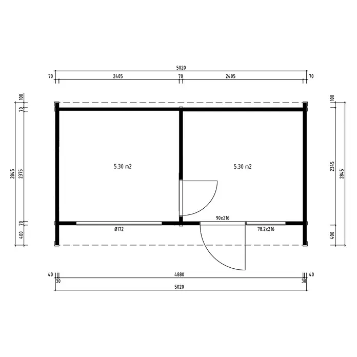 Fjordholz Gartenhaus Office Box Größe XL schwarz - Außenmaß inkl. Dachüberstand (B x T): 502 x 284,5 cm, Holz, Schwarz - Grundriss mit zwei Räumen, Gesamtmaßen 5020x2845mm. Jeder Raum ist 5,30 m² groß, mit Tür und Fenster.