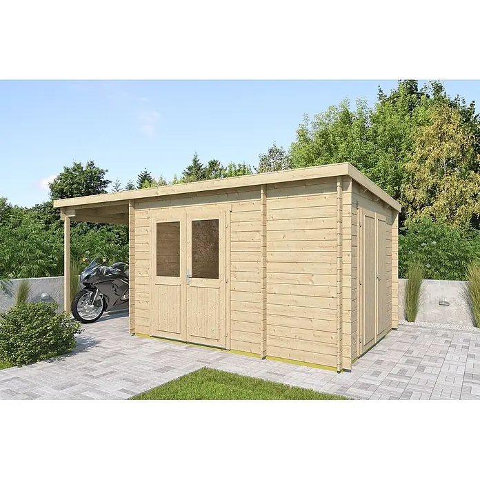 Fjordholz Gartenhaus Hobe 28 B - Außenmaß inkl. Dachüberstand (B x T): 568 x 298 cm, Holz, Farblose Imprägnierung - Helle Holzgartenhütte mit Doppeltüren und integriertem Carport, ideal für Gartenlagerung und Fahrzeugschutz.
