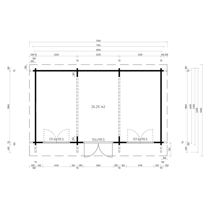 Fjordholz Gartenhaus Jacob 70 H - Außenmaß inkl. Dachüberstand (B x T): 695 x 400 cm, Holz, ohne Imprägnierung - Grundriss mit Maßen für eine Zweizimmerhütte, zeigt Türplatzierungen und eine Gesamtfläche von 26,20 m².