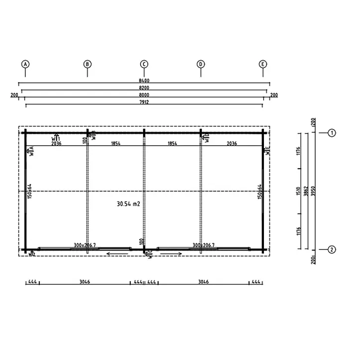 Fjordholz Gartenhaus - Außenmaß inkl. Dachüberstand (B x T): 820 x 415 cm, Holz, Farbbehandlung Lichtgrau - Detaillierter Grundrissplan mit Maßen und einer Gesamtfläche von 30,54 m².