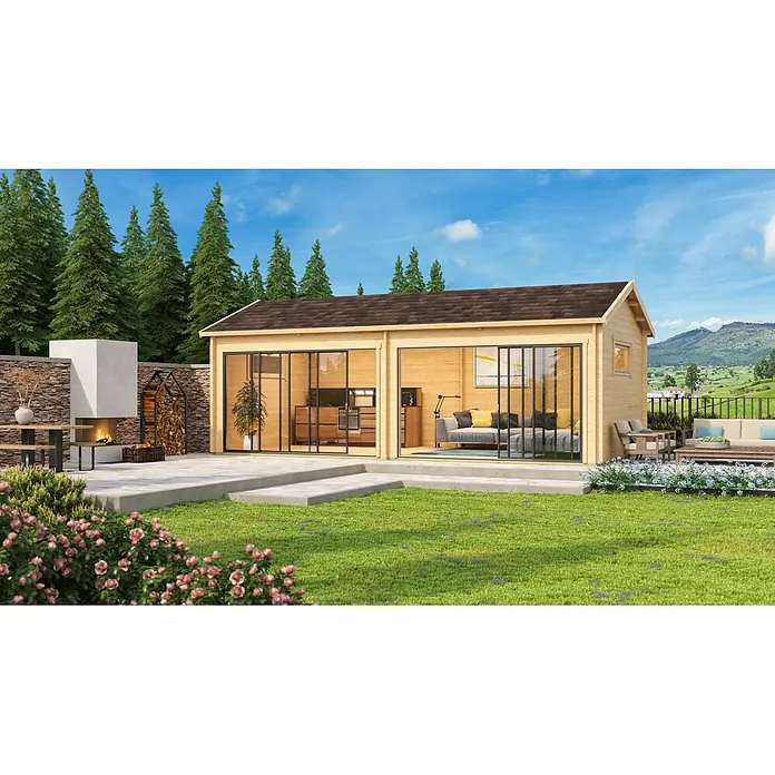 Fjordholz Gartenhaus - Außenmaß inkl. Dachüberstand (B x T): 820 x 415 cm, Holz, Farbbehandlung Lichtgrau - Helles Gartenhaus aus Holz mit Glasschiebetüren, braunem Dach, Außenkamin und Terrassenbereich.