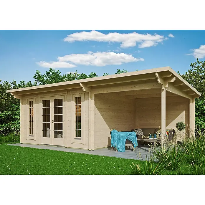 Fjordholz Gartenhaus Jacob 44 C mit Seitendach - Außenmaß inkl. Dachüberstand (B x T): 690 x 360 cm, Holz, Farbbehandlung Lichtgrau - Helles Holzgartenhaus mit überdachter Terrasse und Sitzgelegenheiten im Freien.