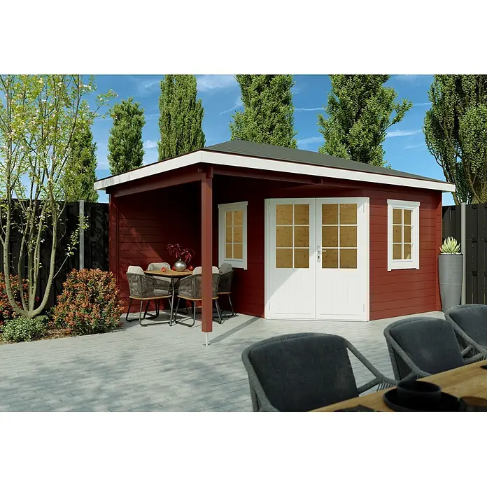 Fjordholz Gartenhaus Evelyn 3B - Außenmaß inkl. Dachüberstand (B x T): 500 x 320 cm, Holz, Naturbelassen - Roter Gartenpavillon mit überdachter Terrasse und Gartenmöbeln. Perfekt für Stauraum und Entspannung im Freien.