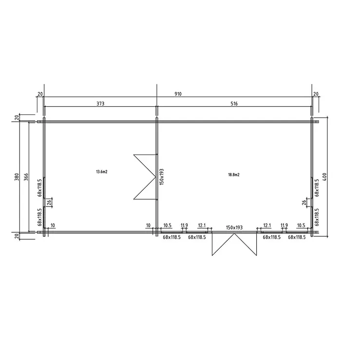 Fjordholz Gartenhaus Teehaus Kensington 70 - Außenmaß inkl. Dachüberstand (B x T): 930 x 400 cm, Holz, Farbbehandlung Schwedenrot - Architektur-Grundriss mit Maßen: Gesamt 910x400, zwei Räume (13,6m2, 18,8m2) und Tragbalken.
