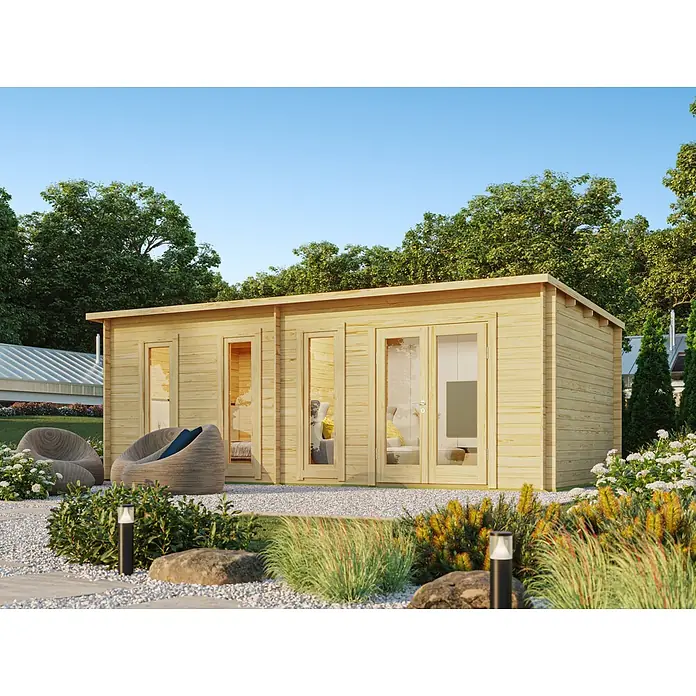 Fjordholz Gartenhaus Mali 28 E - Außenmaß inkl. Dachüberstand (B x T): 595 x 320 cm, Holz, Naturbelassen - Helles Holz-Gartenhaus mit großen Glastüren und Fenstern, ideal für einen modernen Gartenbereich.
